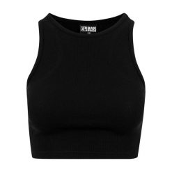 Damski klasyczny miejski crop top w prążki. Czarne topy damskie Urban Classics, bez wzorów, prążkowane, bez kołnierzyka. Za 36.50 zł.