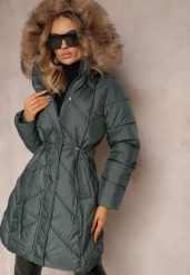 Zielona Długa Pikowana Kurtka w Stylu Parki z Troczkiem w Pasie i Sztucznym Futerkiem Abelasa. Zielone kurtki damskie Renee, l, bez wzorów. Za 299.99 zł.