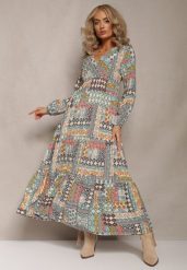 Jasnoniebieska Sukienka z Kopertowym Dekoltem w Patchworkowy Wzór Matij. Niebieskie sukienki damskie Renee, na co dzień, l, bez wzorów, z zamszu, eleganckie, bez kołnierzyka, bez ramiączek, maxi, dopasowane. W wyprzedaży za 52.49 zł.