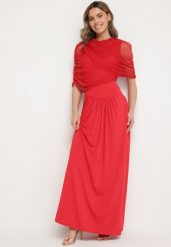 Czerwona Koktajlowa Sukienka Zdobiona Marszczeniem z Siateczkową Narzutką Millanea. Czerwone sukienki damskie Born2be, na co dzień, m, z aplikacjami, eleganckie, bez kołnierzyka, bez ramiączek, maxi. Za 159.99 zł.
