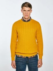 Sweter męski ze splotem warkoczowym żołty Amaris 201. Żółte swetry męskie Big Star, l, bez wzorów, z dzianiny, bez kołnierzyka. Za 229.99 zł.