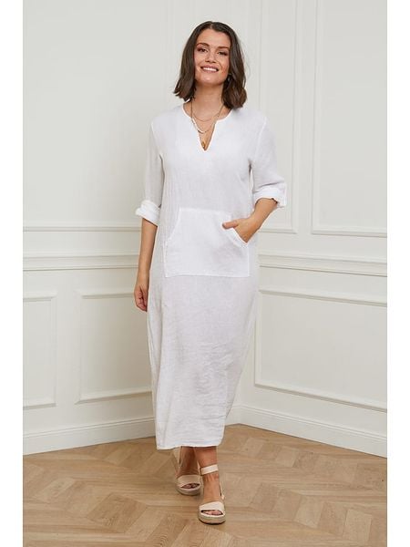 Curvy Lady Lniana sukienka w kolorze białym rozmiar: 44/46. Białe sukienki damskie Curvy Lady, bez wzorów, ze lnu, klasyczne, bez kołnierzyka, bez ramiączek, maxi. Za 145.26 zł.