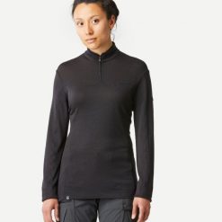Koszulka trekkingowa damska z długim rękawem MT 500 merino. Czarne bluzki damskie FORCLAZ, m, bez wzorów, z materiału, sportowe, bez kołnierzyka, bez ramiączek. Za 229.99 zł.