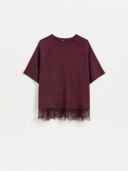T-shirt z bawełny merceryzowanej - mahoniowy. Brązowe t-shirty damskie Reserved, l, bez wzorów, z bawełny, bez kołnierzyka. Za 89.99 zł.
