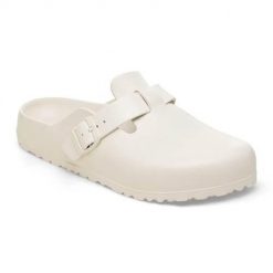 Klapki damskie Birkenstock Boston Eva Eggshell. Białe klapki damskie Birkenstock, bez wzorów, z materiału, bez obcasa. Za 299.00 zł.