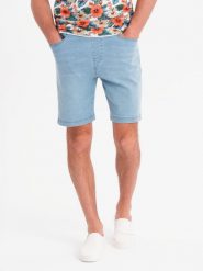Szorty męskie z gumką w pasie i efektem sprania – jasnoniebieskie V1 OM-SRDS-0192 - XXL. Niebieskie szorty męskie Ombre Clothing, z bawełny, bez kołnierzyka. W wyprzedaży za 99.99 zł.