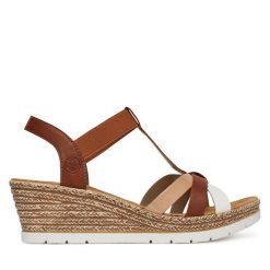 Sandały Rieker. Brązowe sandały damskie Rieker, bez wzorów, bez obcasa, na koturnie. Za 289.99 zł.