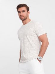 T-shirt męski fullprint w liście palmy - jasnobeżowy V1 OM-TSFP-0182 - XXL. Brązowe t-shirty męskie Ombre Clothing, l, bez wzorów, z bawełny, bez kołnierzyka. Za 77.99 zł.
