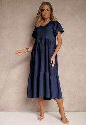 Granatowa Rozkloszowana Sukienka z Wiskozą w Casualowym Stylu Filarenna. Niebieskie sukienki damskie Renee, na co dzień, l, bez wzorów, z wiskozy, eleganckie, bez kołnierzyka, bez ramiączek, midi, rozkloszowane. W wyprzedaży za 71.99 zł.