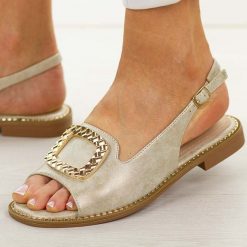 Złote płaskie sandały damskie Potocki 43340. Żółte sandały damskie POTOCKI, z aplikacjami, z materiału, bez obcasa, na płaskiej podeszwie. Za 149.00 zł.