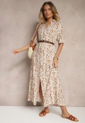 Ciemnobeżowa Wiskozowa Sukienka o Pudełkowym Fasonie w Ornamentalny Print Ridinna. Brązowe sukienki damskie Renee, na co dzień, na lato, l, bez wzorów, z wiskozy, eleganckie, bez kołnierzyka, bez ramiączek, maxi, kopertowe. W wyprzedaży za 71.99 zł.