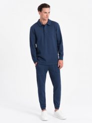 Komplet męski dresowy bluza z kołnierzem polo + spodnie - granatowy V5 Z71 - XL. Niebieskie bluzy bez kaptura męskie Ombre Clothing, bez wzorów, z bawełny. Za 209.99 zł.