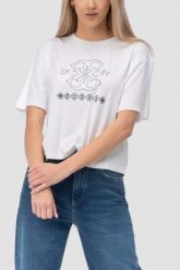 GUESS Biały damski t-shirt na krótki rękaw z wyszywanym logo Gabi, Rozmiar L. Białe t-shirty damskie Guess, l, z aplikacjami, bez kołnierzyka. Za 219.99 zł.
