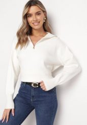 Biały Sweter z Golfem Zapinanym na Zamek Tihanas. Białe golfy damskie Born2be, m, bez wzorów, bez ramiączek. Za 84.99 zł.