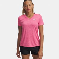 Koszulka treningowa damska Under Armour Tech V-Twist super pink/white. Czerwone bluzki damskie Under Armour, bez wzorów, bez kołnierzyka. Za 91.10 zł.
