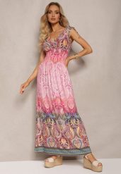 Jasnoróżowa Sukienka z Mozaikowym Wzorem Boho Gumką w Pasie i Sznurkami na Ramionach Ainervea. Czerwone sukienki damskie Renee, na lato, l, bez wzorów, z materiału, boho, bez kołnierzyka, bez ramiączek, maxi. W wyprzedaży za 41.99 zł.