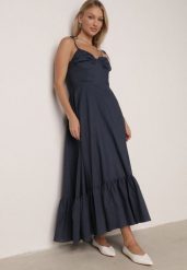 Granatowa Bawełniana Sukienka o Rozkloszowanym Kroju na Wiązanych Ramiączkach Milalisa. Niebieskie sukienki damskie Born2be, na co dzień, m, bez wzorów, z bawełny, klasyczne, bez kołnierzyka, bez ramiączek, maxi, gorsetowe. Za 169.99 zł.