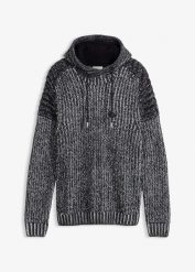 Gruby sweter z kapturem i detalami w stylu biker. Czarne swetry męskie bonprix, m, bez wzorów, bez kołnierzyka. Za 149.99 zł.