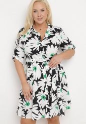 Czarno-Biała Koszulowa Sukienka w Kwiaty z Wiązanym Paskiem Laritasia. Czarne sukienki damskie Born2be, xl, bez wzorów, bez kołnierzyka, bez ramiączek, midi, koszulowe. W wyprzedaży za 79.99 zł.