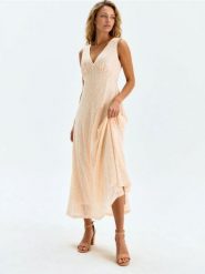 Rozkloszowana sukienka midi z cekinami - kremowy. Białe sukienki damskie Sinsay, l, bez wzorów, bez kołnierzyka, bez ramiączek, midi, rozkloszowane. Za 79.99 zł.