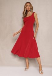 Bordowa Rozkloszowana Sukienka w Klasycznym Stylu Deslene. Czerwone sukienki damskie Renee, na co dzień, l, bez wzorów, eleganckie, bez kołnierzyka, bez ramiączek, midi, proste. W wyprzedaży za 76.99 zł.