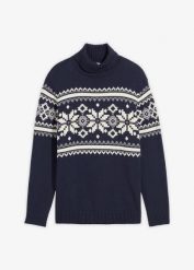 Sweter z golfem, w norweski wzór, z czystej bawełny. Niebieskie swetry męskie bonprix, m, bez wzorów, z bawełny, bez kołnierzyka. Za 129.99 zł.