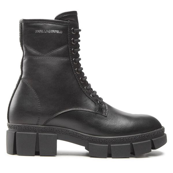 Trzewiki KARL LAGERFELD. Czarne botki damskie Karl Lagerfeld, bez obcasa, na płaskiej podeszwie, bez zapięcia. Za 669.99 zł.