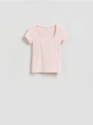 Bawełniany t-shirt - pastelowy róż. Czerwone t-shirty damskie Reserved, l, bez wzorów, z bawełny, bez kołnierzyka. Za 39.99 zł.