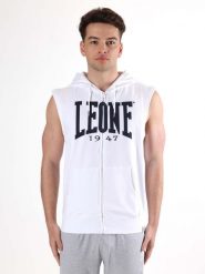 Leone Basic męska bluza z kapturem i bez rękawów zapinana na zamek. Białe bluzy sportowe męskie LEONE 1947 APPAREL, bez wzorów, sportowe, bez kołnierzyka, bez ramiączek. Za 126.26 zł.