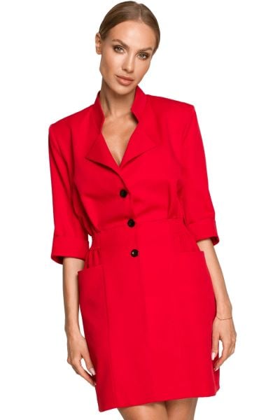 Elegancka sukienka żakietowa z guzikami i kołnierzem czerwona. Czerwone sukienki damskie Sukienki.shop, do pracy, xl, bez wzorów, biznesowe, bez kołnierzyka, bez ramiączek. Za 409.00 zł.