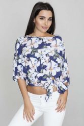 Kwiatowa Krótka Bluzka z Wiązaną Kokardą. Białe bluzki damskie Figl, xl, bez wzorów, bez kołnierzyka, bez ramiączek. Za 189.00 zł.