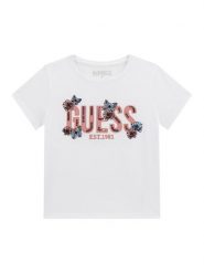 Guess T-Shirt J6RI34 K6YW4 Biały Regular Fit. Białe koszulki dziewczęce Guess, z aplikacjami, z bawełny, bez ramiączek. Za 129.99 zł.