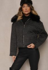 Czarna Elegancka Kurtka z Kołnierzem z Futerka i Błyszczącą Nicią Vertilora. Czarne kurtki damskie Renee, l, bez wzorów, bez kaptura. Za 219.99 zł.