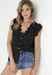 Czarna Bluzka Top z Tkaniny Plumeti z Falbankami przy Ramionach Fatalie. Czarne bluzki damskie Born2be, m, bez wzorów, z tkaniny, bez kołnierzyka. Za 49.99 zł.