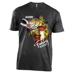 Koszulka wędkarska Jaxon Nature Sandacz. Czarne bluzki damskie Jaxon, xl, bez wzorów, sportowe, bez kołnierzyka, bez ramiączek. Za 69.99 zł.