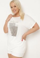 Biały Bawełniany T-shirt z Ozdobnym Napisem i Cyrkoniami Krisiona. Białe t-shirty damskie Born2be, l, bez wzorów, z bawełny, bez kołnierzyka. Za 34.99 zł.