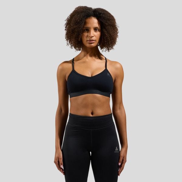 Biustonosz sportowy damski ODLO Merino Soft Sport Bra. Czarne biustonosze sportowe damskie Odlo, bez wzorów, z wełny. Za 229.99 zł.