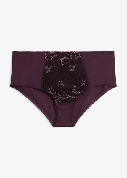 Figi modelujące z delikatną koronką. Fioletowe bielizna wyszczuplająca bonprix, bez wzorów, z koronki. Za 49.99 zł.