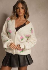 Jasnobeżowy Oversizowy Kardigan z Dodatkiem Wełny w Kwiaty Nelenesa. Brązowe kardigany damskie Renee, bez wzorów, z jeansu. Za 169.99 zł.