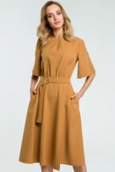 Sukienka elegancka rozkloszowana z paskiem brązowa. Brązowe sukienki damskie Sukienki.shop, do pracy, l, bez wzorów, z elastanu, biznesowe, bez kołnierzyka, bez ramiączek, midi, dopasowane. Za 249.00 zł.