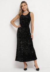 Czarna Sukienka Maxi w Cekiny Jukrana. Czarne sukienki damskie Born2be, l, bez wzorów, bez kołnierzyka, bez ramiączek, maxi, rozkloszowane. W wyprzedaży za 151.99 zł.
