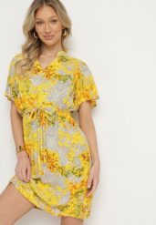 Żółta Sukienka w Kwiaty z Paskiem Cleza. Żółte sukienki damskie Born2be, na co dzień, na lato, l, bez wzorów, eleganckie, bez kołnierzyka, bez ramiączek, midi. W wyprzedaży za 47.99 zł.