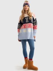 Sweter damski zimowy z logo BIG STAR Apresa 000. Białe swetry klasyczne damskie Big Star, na zimę, z jeansu, bez kołnierzyka. W wyprzedaży za 179.99 zł.