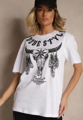 Biała Koszulka T-shirt Bawełniany z Ozdobnym Nadrukiem Napene. Białe bluzki damskie Renee, l, bez wzorów, z bawełny, bez kołnierzyka, bez ramiączek. Za 34.99 zł.