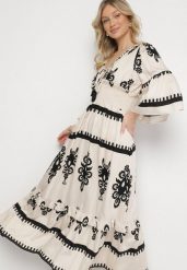 Biało-Czarna Sukienka Boho z Wiskozą w Etniczny Wzór z Szeroką Gumką w Pasie Efanielis. Czarne sukienki damskie Born2be, na co dzień, na lato, m, z aplikacjami, z wiskozy, boho, bez kołnierzyka, bez ramiączek, maxi, rozkloszowane. W wyprzedaży za 151.99 zł.