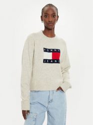 Tommy Jeans Sweter Flag DW0DW18681 Beżowy Relaxed Fit. Brązowe swetry klasyczne damskie Tommy Jeans, l, z jeansu, bez kołnierzyka. Za 269.99 zł.
