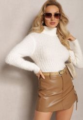 Biały Golf z Puchatego Materiału z Wełną i Długim Rękawem Geolla. Białe golfy damskie Renee, bez wzorów, z wełny, bez ramiączek. Za 49.99 zł.