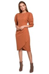 Wizytowa Sukienka z Ozdobnymi Rękawami - Ruda. Brązowe sukienki damskie MOE, l, bez wzorów, z elastanu, wizytowe, bez kołnierzyka, bez ramiączek. Za 298.90 zł.