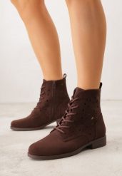 Brązowe Ażurowe Botki ze Sznurowaną Cholewką Sephylia. Brązowe botki damskie Renee, boho, bez obcasa, na płaskiej podeszwie, bez zapięcia. Za 129.99 zł.