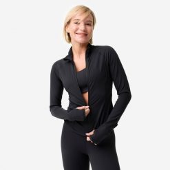Bluza do jogi i pilatesu damska Domyos Breathe rozpinana. Czarne bluzy bez kaptura damskie Decathlon, xs, bez wzorów, z elastanu, bez ramiączek, bez kaptura. Za 149.99 zł.